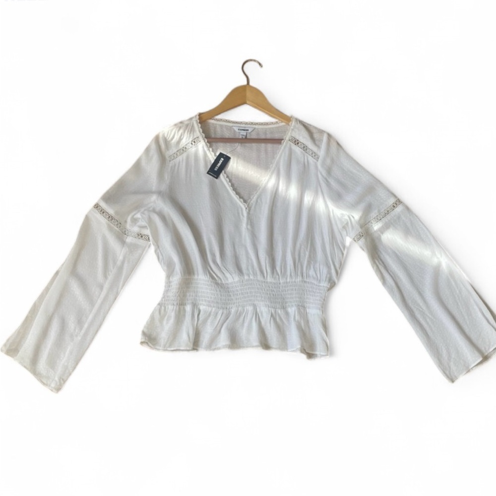 Express Top Women Large White V Neck Flare Long Sleeve Peplum Jacquard Blouse